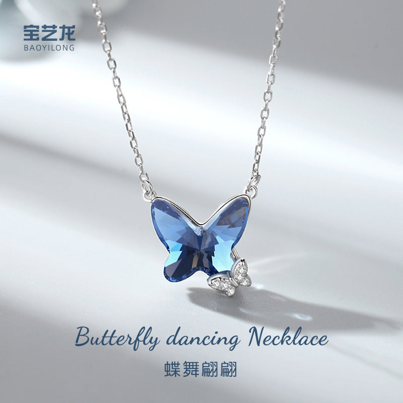 Sapphire Blue Crystal Butterfly Necklace 925 Sterling Silver Cubic Zirconia Pendant