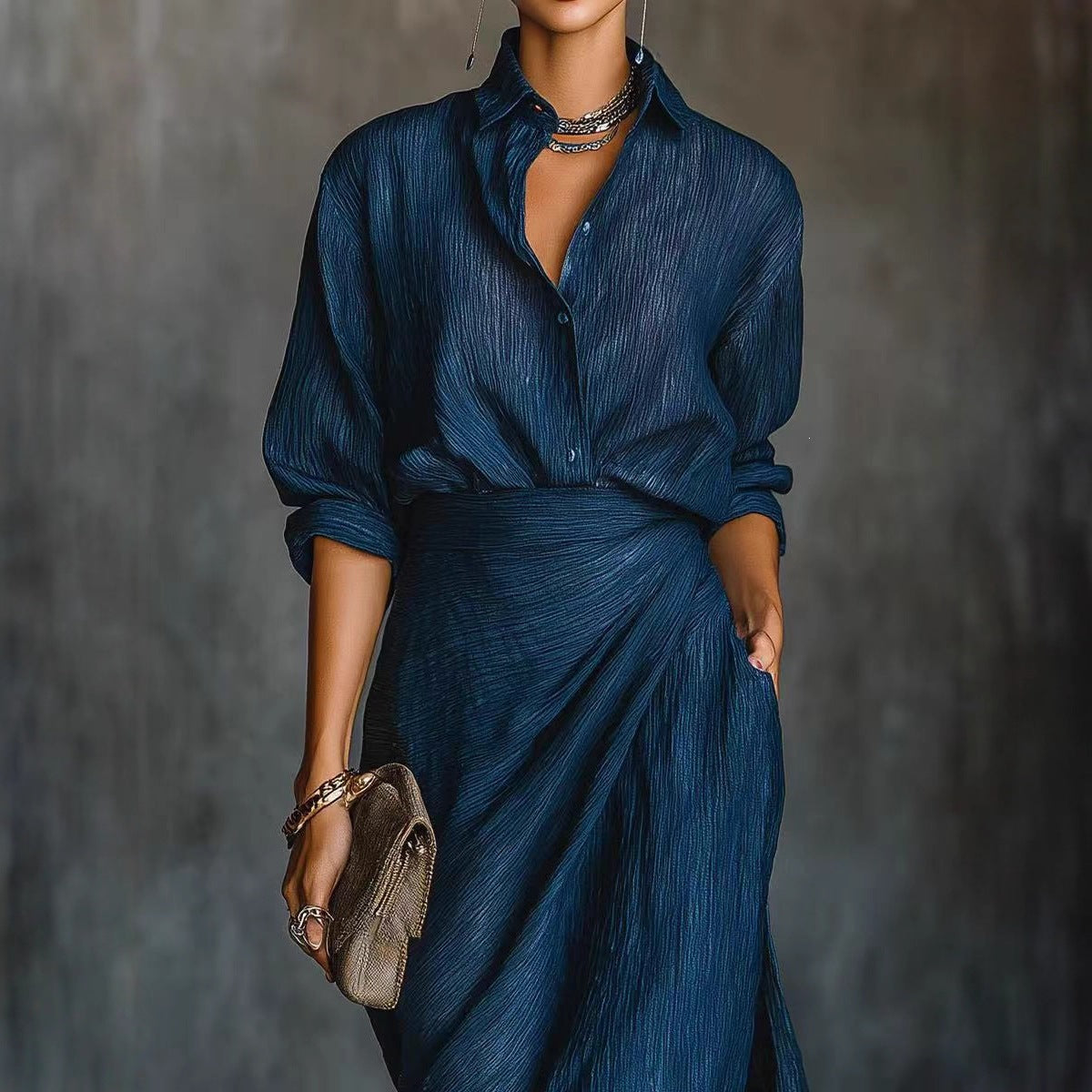 Elegant Pleated Belted Dress Set