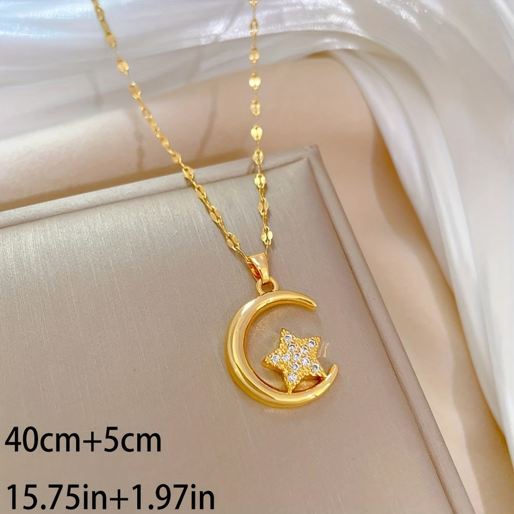 Titanium Steel Star Moon Pendant Necklace