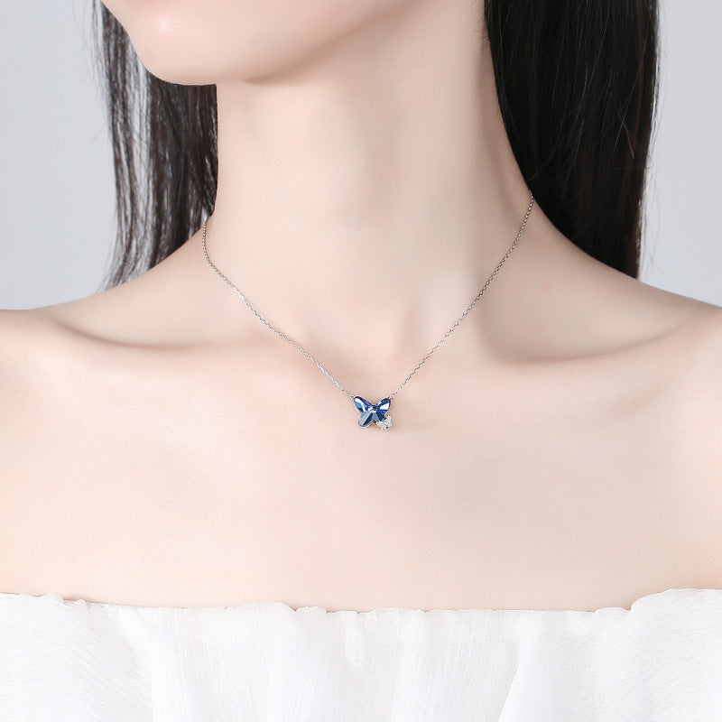 Sapphire Blue Crystal Butterfly Necklace 925 Sterling Silver Cubic Zirconia Pendant