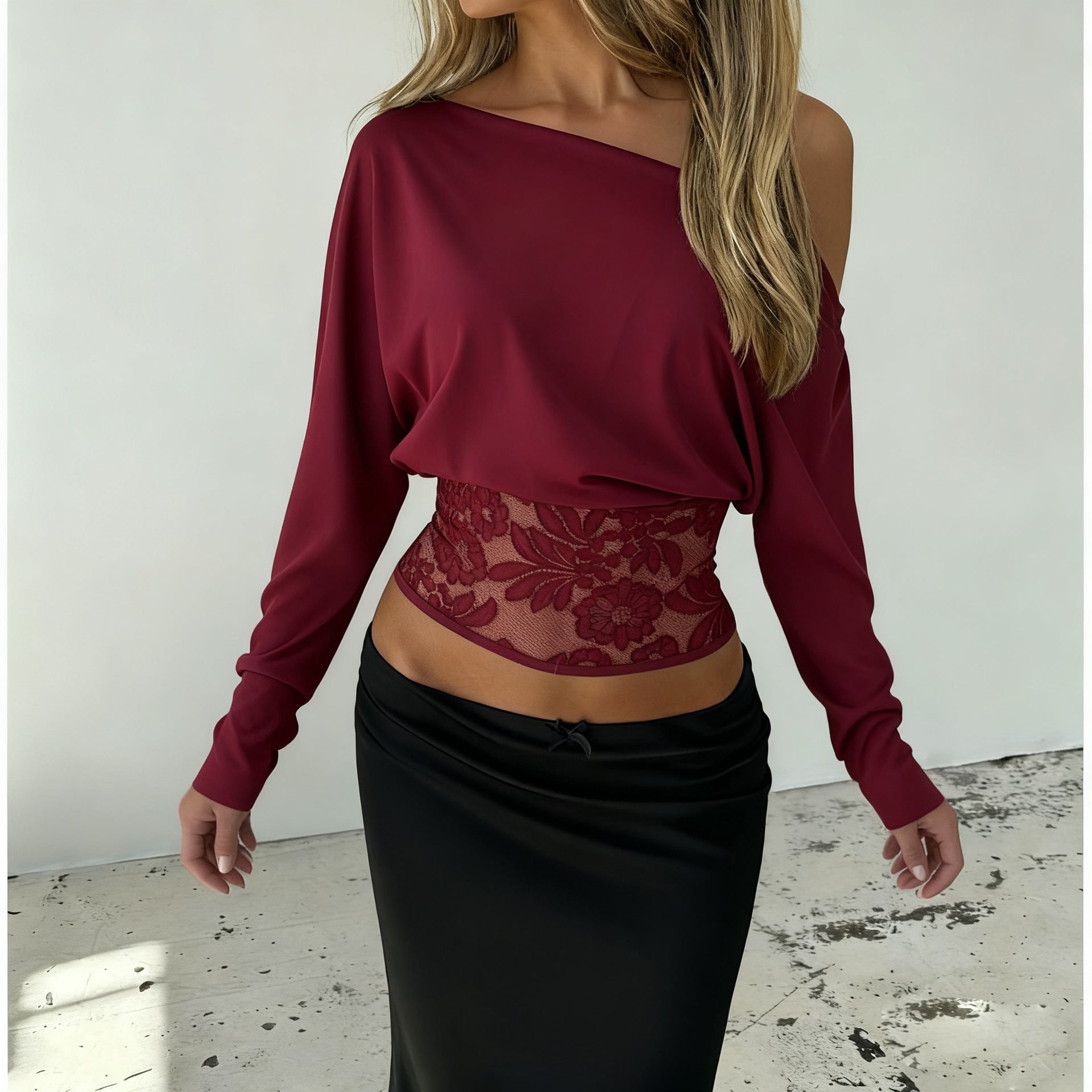 Elegant Off-Shoulder Lace Trim Slim Long Sleeve T-Shirt