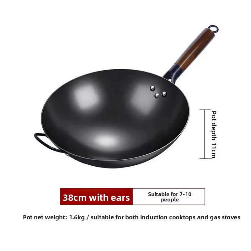Deep Nitrided Iron Wok with Wooden Handle | Uncoated Rust-Resistant Non-Stick Stir-Fry Pan | Heavy 3kg Round-Bottom Cookware