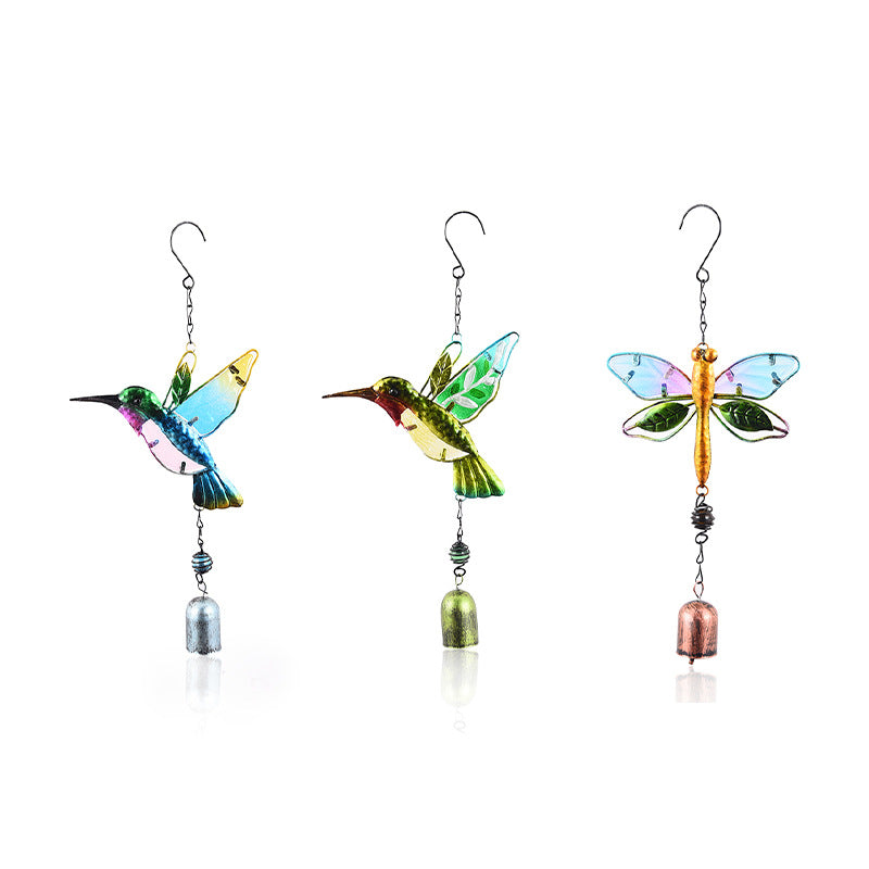Handcrafted Stained Glass & Metal Wind Chimes - Hummingbird & Dragonfly Garden Decor