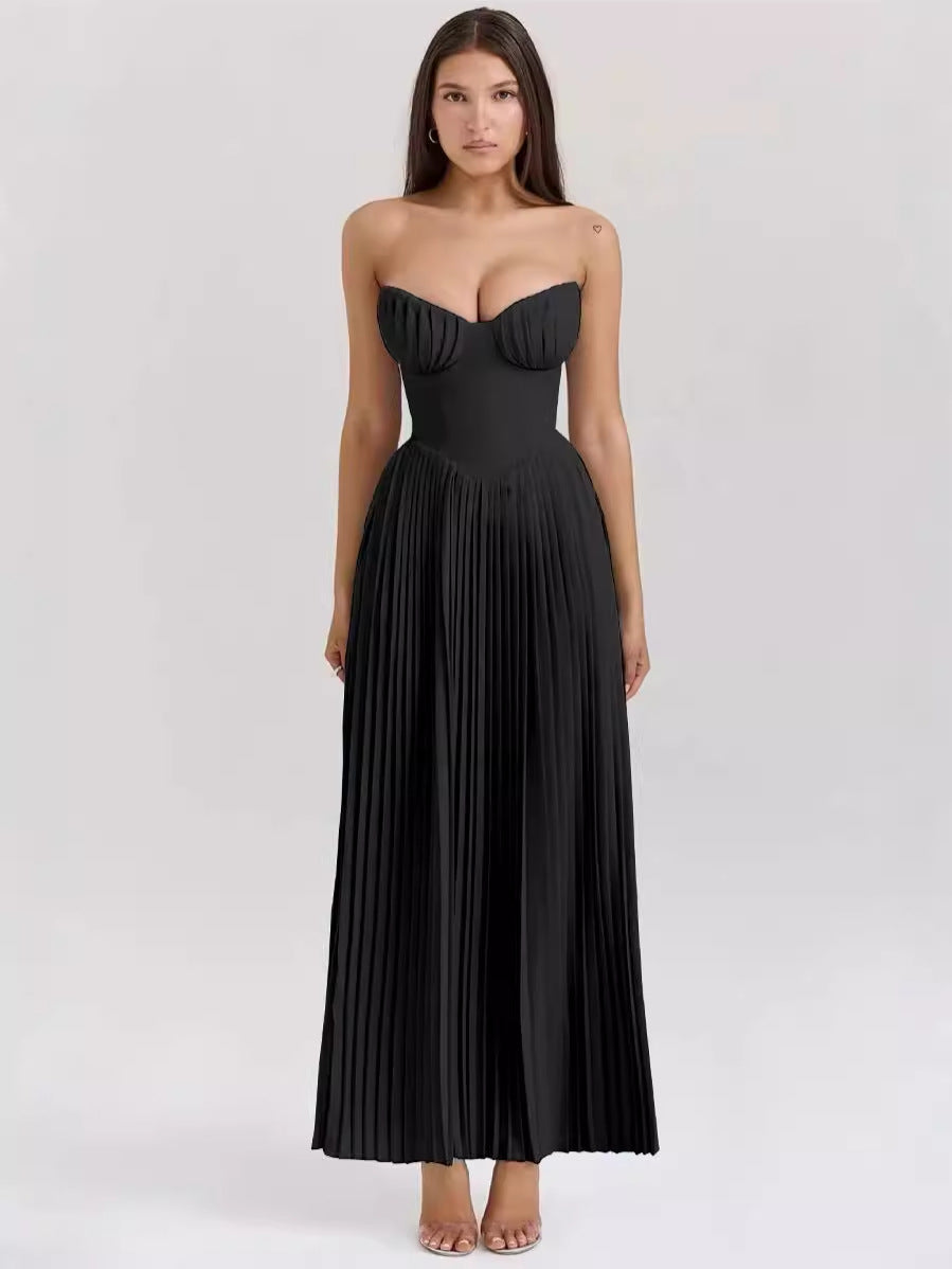 Aura Elegant Sleeveless Tube Top Maxi Dress - High Waist Pleated Summer Dress
