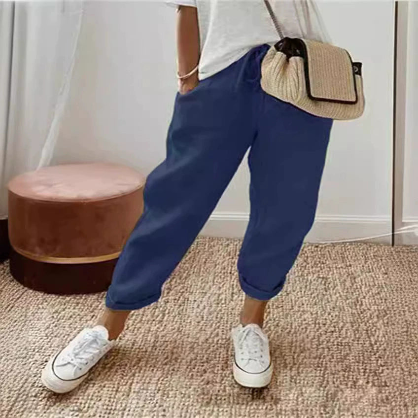 Womens Linen Blend Elastic Waist Casual Pants
