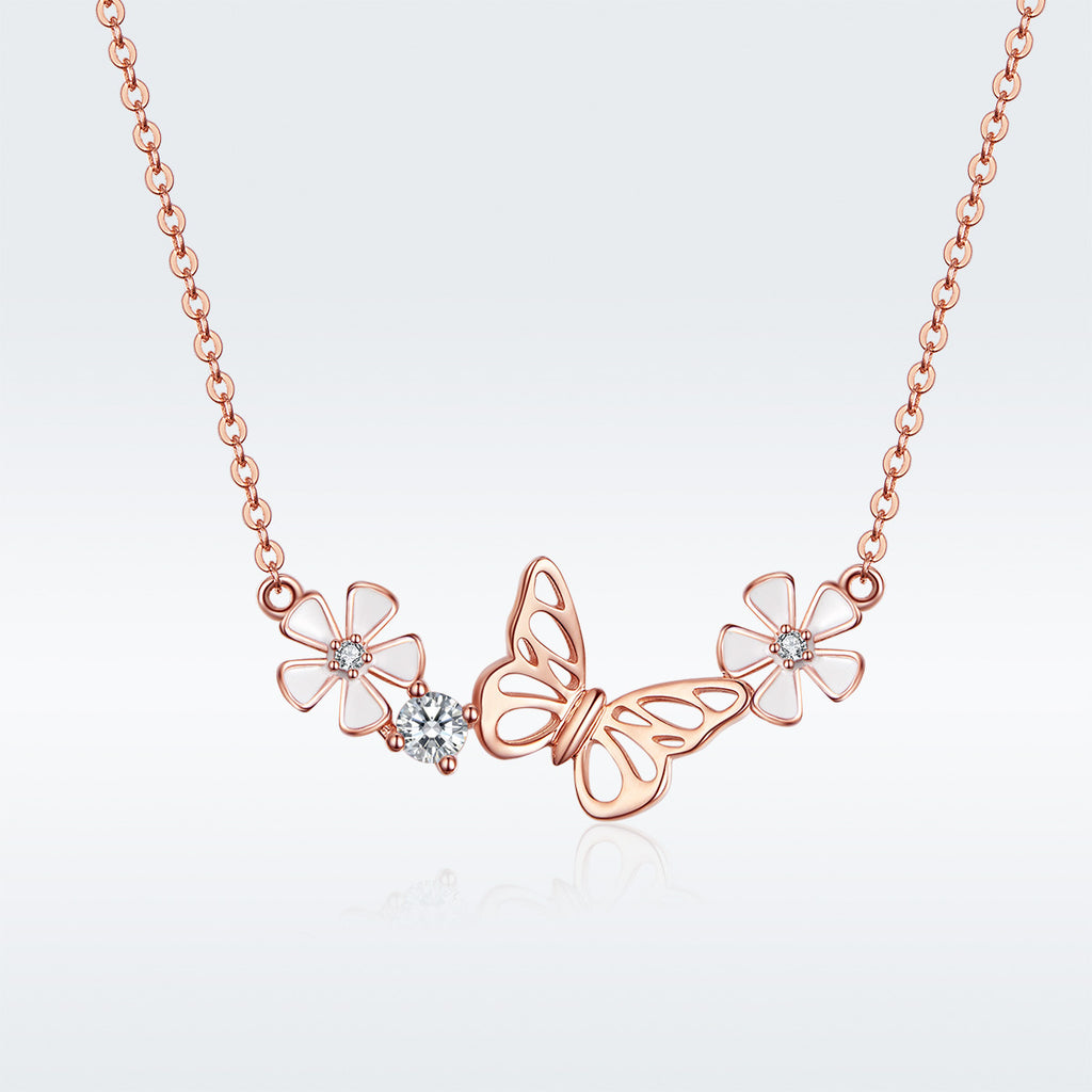 925 Sterling Silver Butterfly Flower Necklace-Dainty Floral Pendant Jewelry for Women
