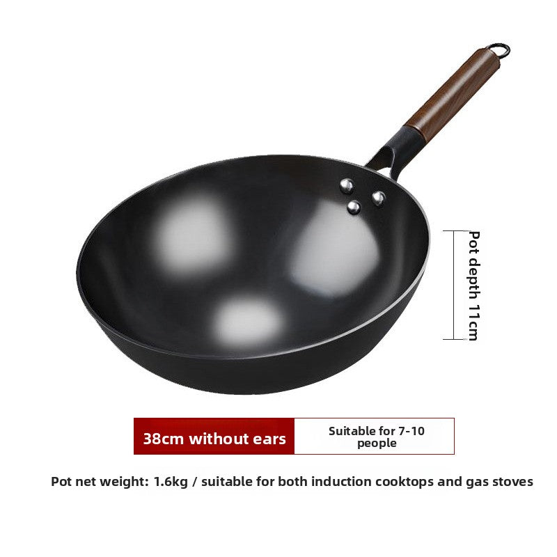 Deep Nitrided Iron Wok with Wooden Handle | Uncoated Rust-Resistant Non-Stick Stir-Fry Pan | Heavy 3kg Round-Bottom Cookware
