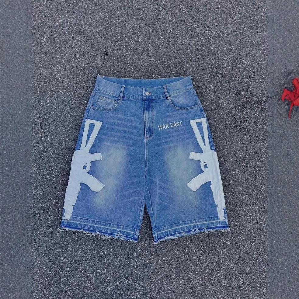 Retro Washed Denim Hip-Hop Shorts