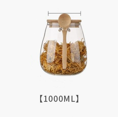 Glass Sealed Storage Jar with Spoon for Grains and Tea