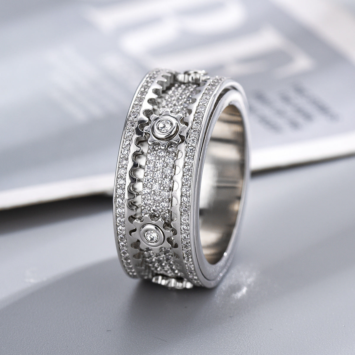 Aero Mod Kinetic Rotating Gear Ring | Celestial Micro-Inlaid Spinner Band