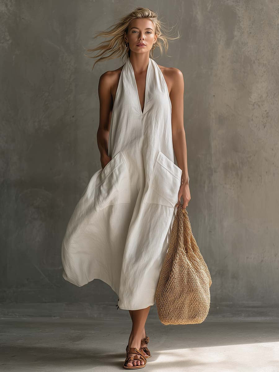 Vintage V-Neck A-Line Dress with Pockets