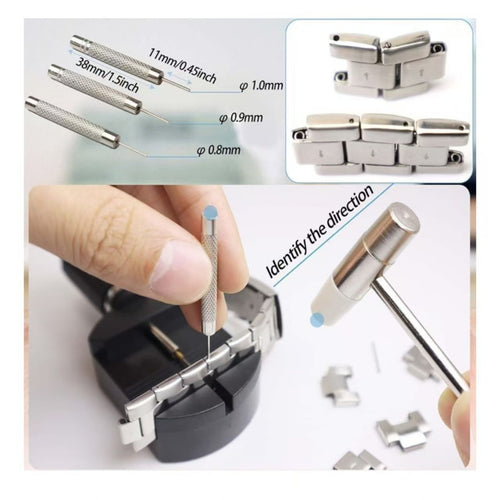11-Piece Watch Band Adjustment and Link Remover Kit - Carbon Steel Watch Strap Repair Tool Set with Replacement Pins & Mini Link Hammer