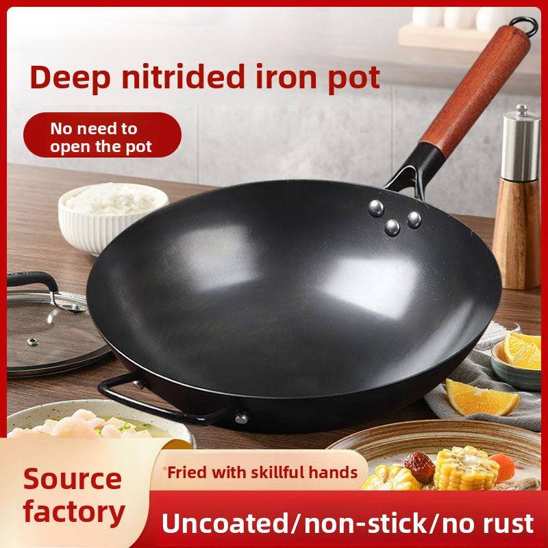 Deep Nitrided Iron Wok with Wooden Handle | Uncoated Rust-Resistant Non-Stick Stir-Fry Pan | Heavy 3kg Round-Bottom Cookware
