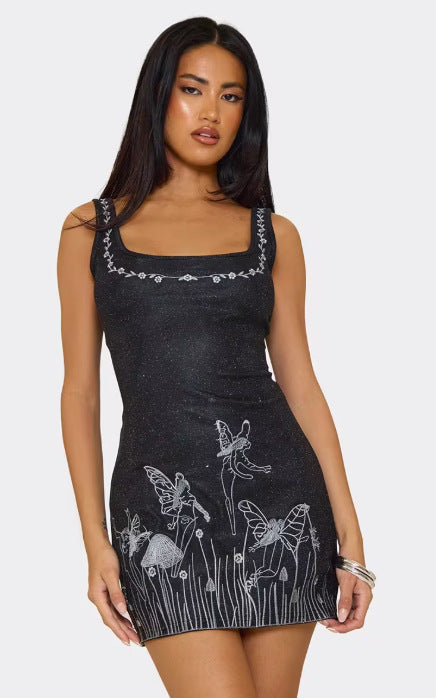 Celestial Aura 3D Embroidered Dress | High-Neck Sling Streetwear Mini