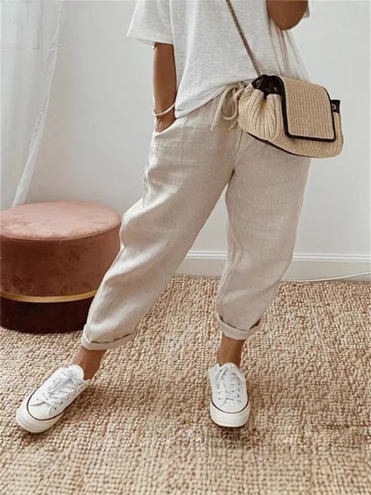 Womens Linen Blend Elastic Waist Casual Pants