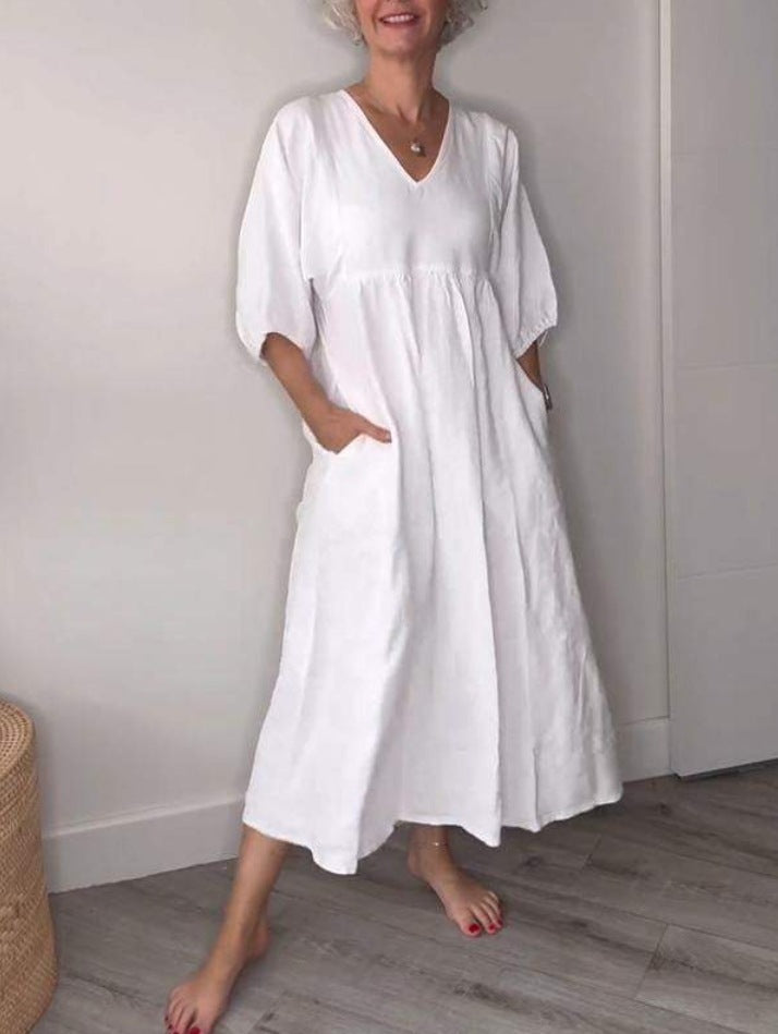 Women's Cotton Linen V-Neck Pleated Pocket Dress