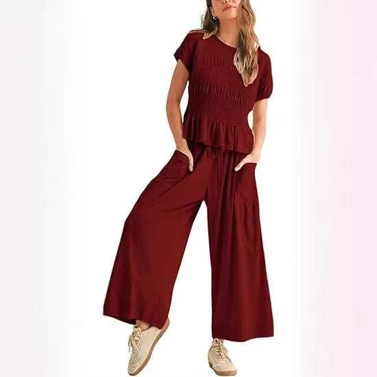 Casual Short Sleeve Top and Wide Leg Pants