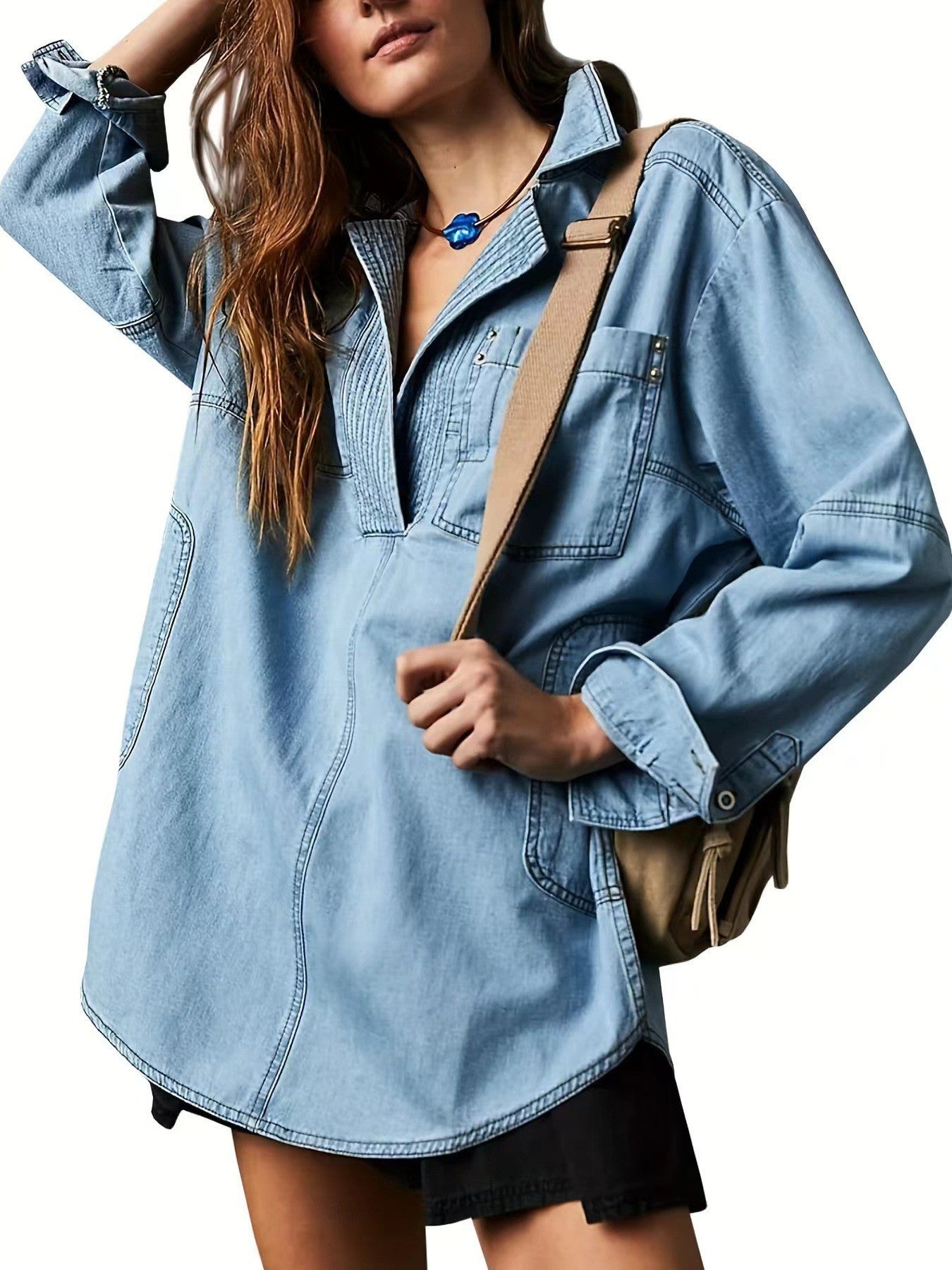 Sutton Oversized Denim Pullover Shacket- Loose Fit V-Neck Jean Shirt