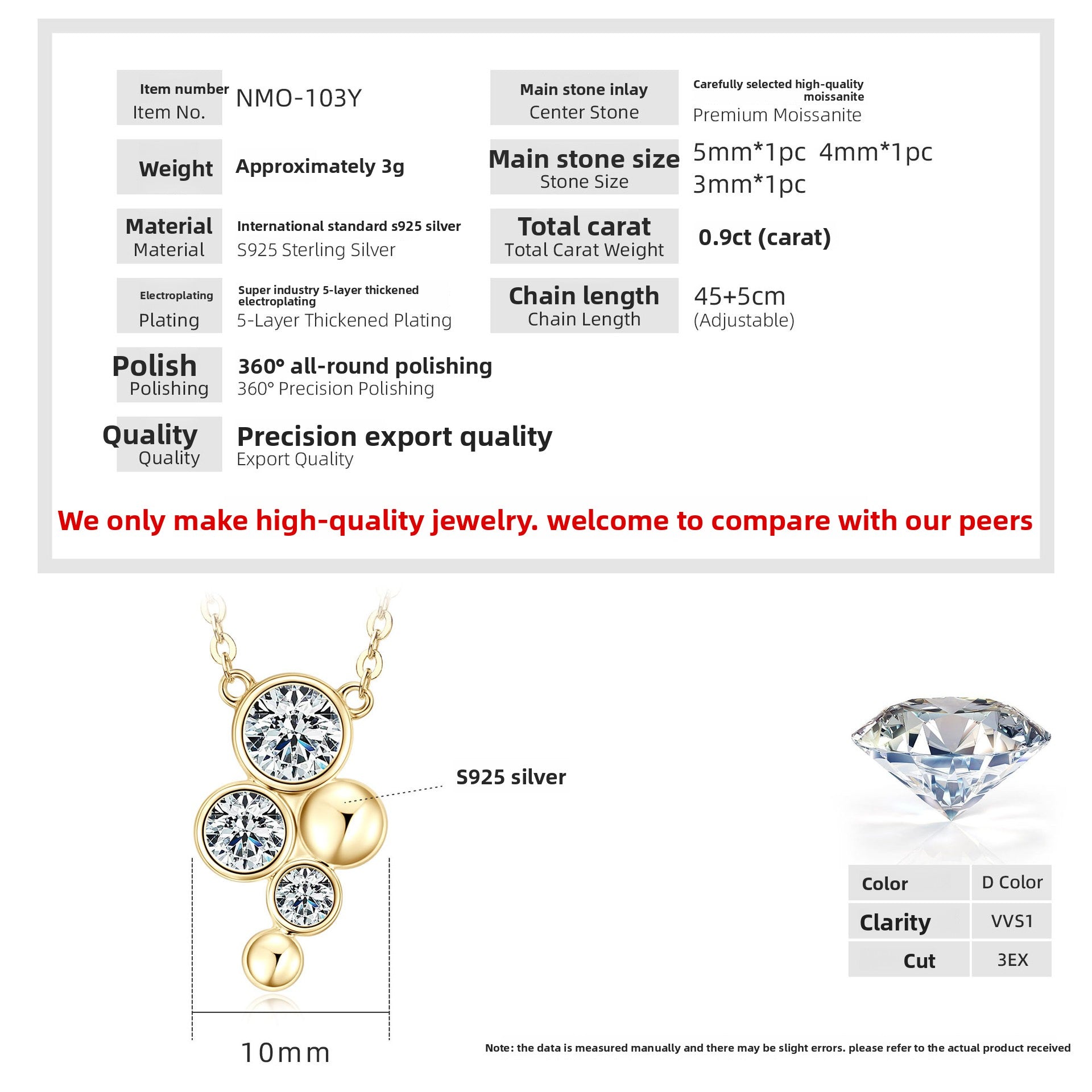 2 CT Moissanite Diamon Pendent Necklace -S925 Sterling Silver Ingot Luxury Jewelry Gift