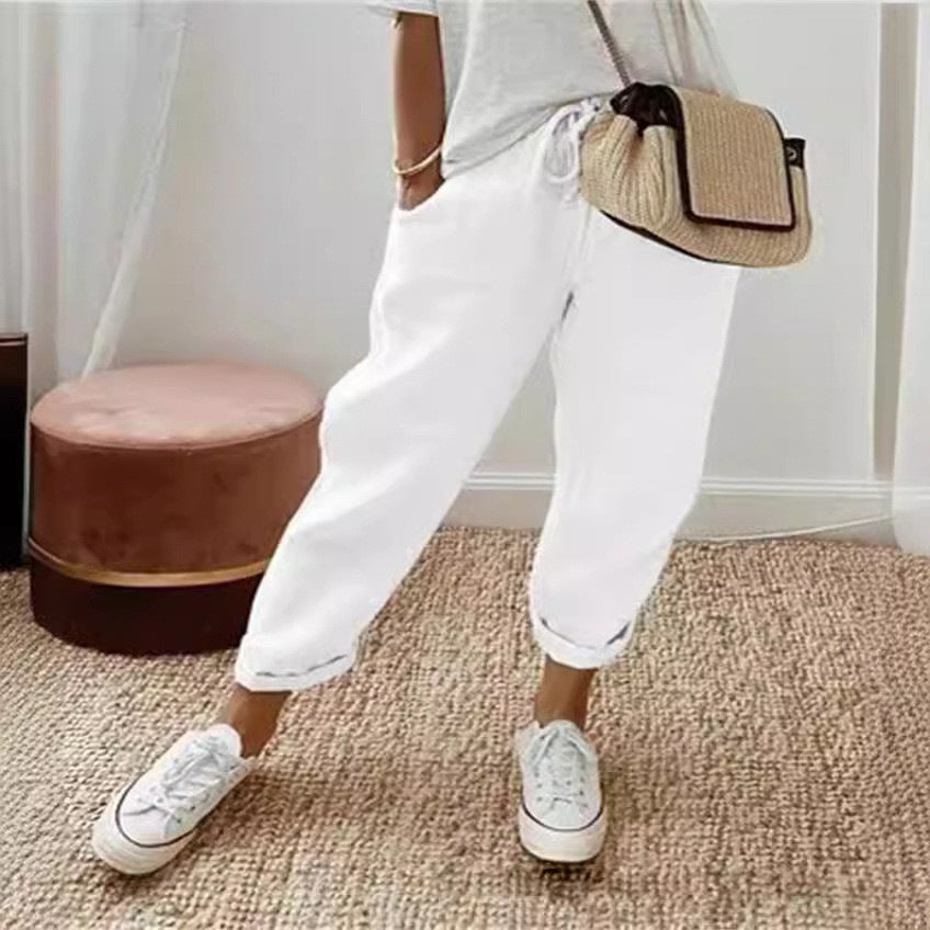 Womens Linen Blend Elastic Waist Casual Pants