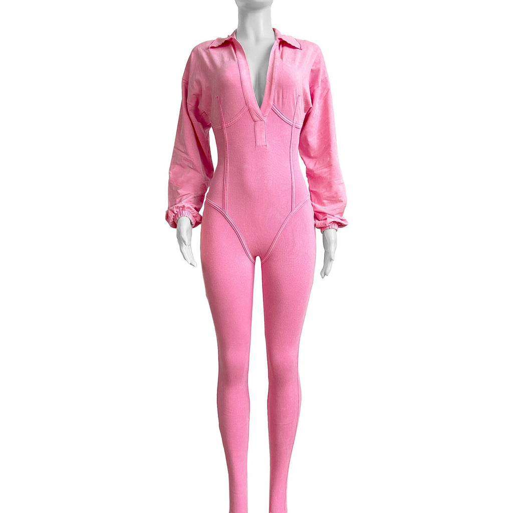 Women's Clothing Washed and Distressed Sexy Deep V Tight Long-Sleeved Autumn and Winter Jumpsuit