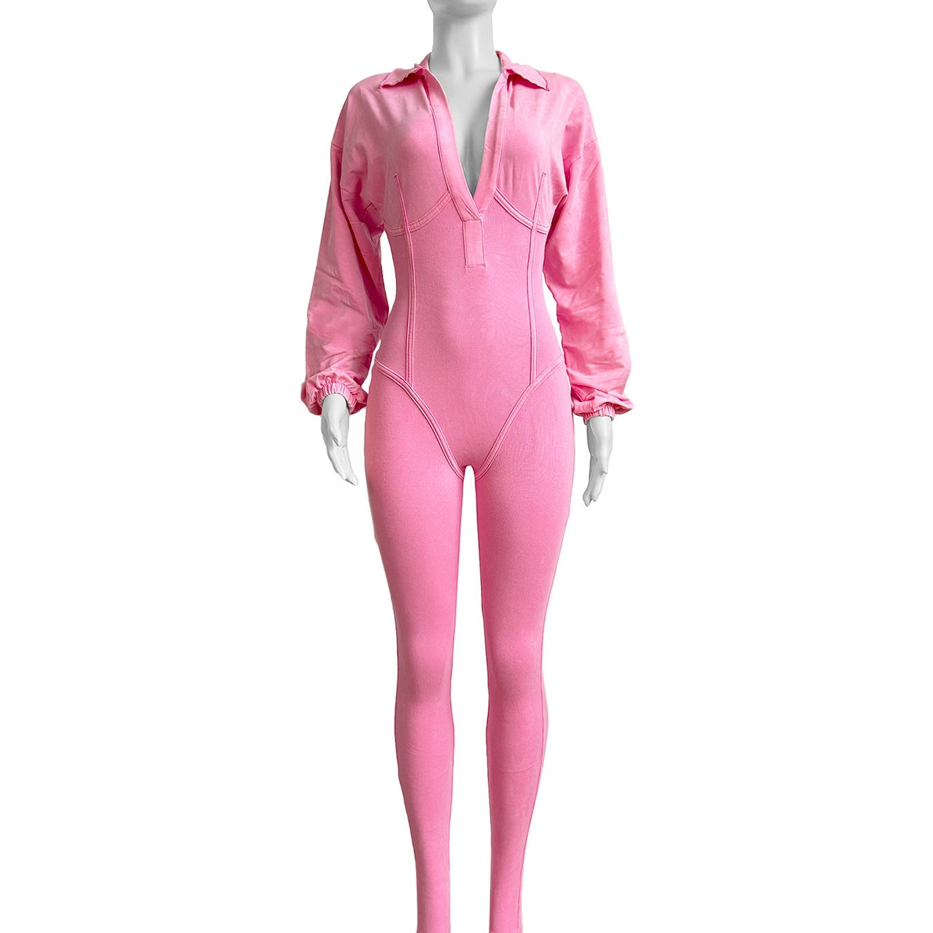 Women's Clothing Washed and Distressed Sexy Deep V Tight Long-Sleeved Autumn and Winter Jumpsuit