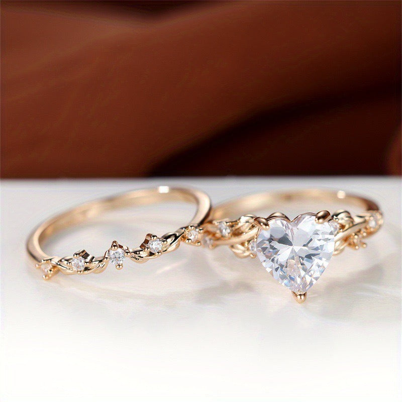 Zircon Inlaid Heart-Shaped Ring Set