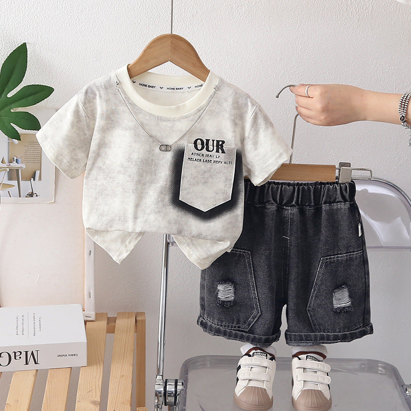 Toddler & Boys Letter Print 2-Piece Summer Clothes Set - Soft Cotton Short Sleeve Shirt & Shorts Matching Casual Outfit (Sizes 12M - 6T)