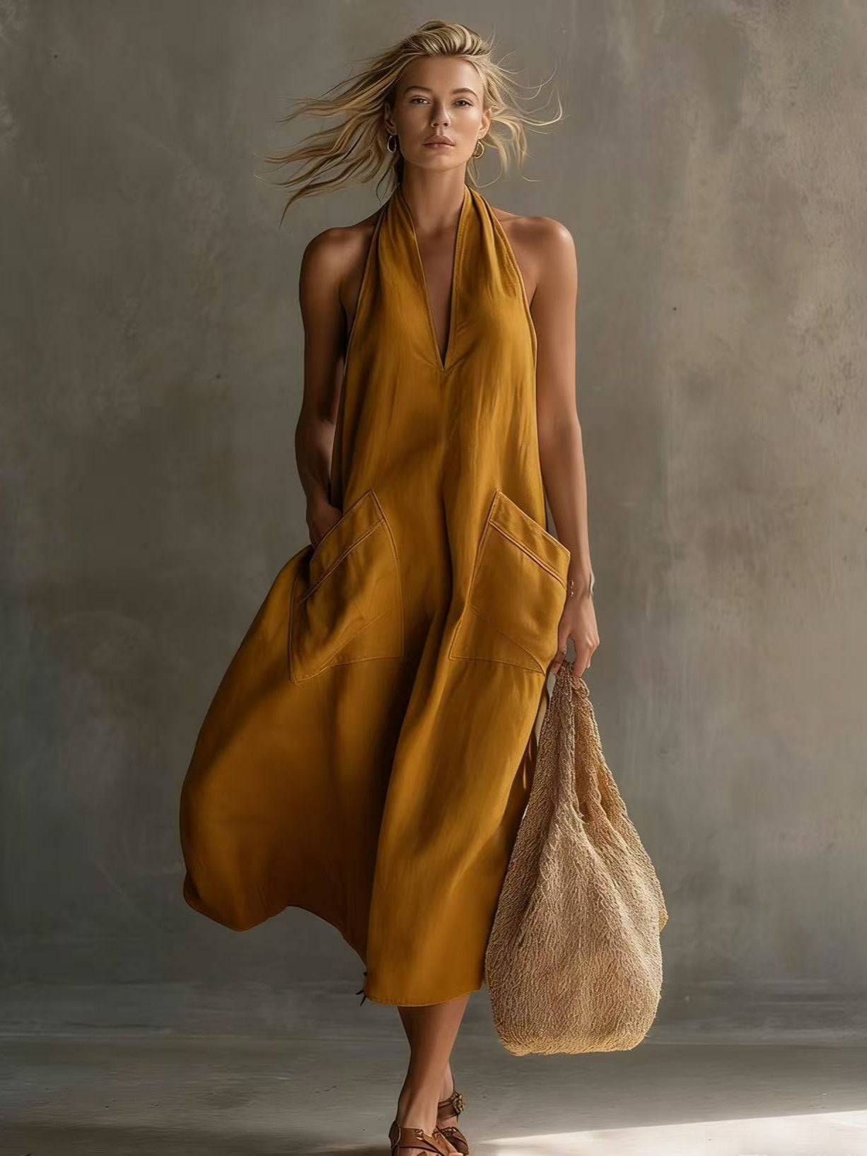 Vintage V-Neck A-Line Dress with Pockets