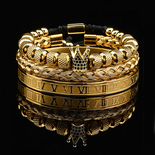 "The Majestic Crown & Zircon Bracelet – Artisanal Stainless Steel with Timeless Roman Detailing"