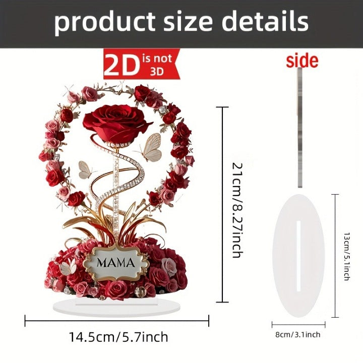 Elegant 2D Acrylic Rose Dest Ornament | Sleek Flat-Design Floral Keepsake