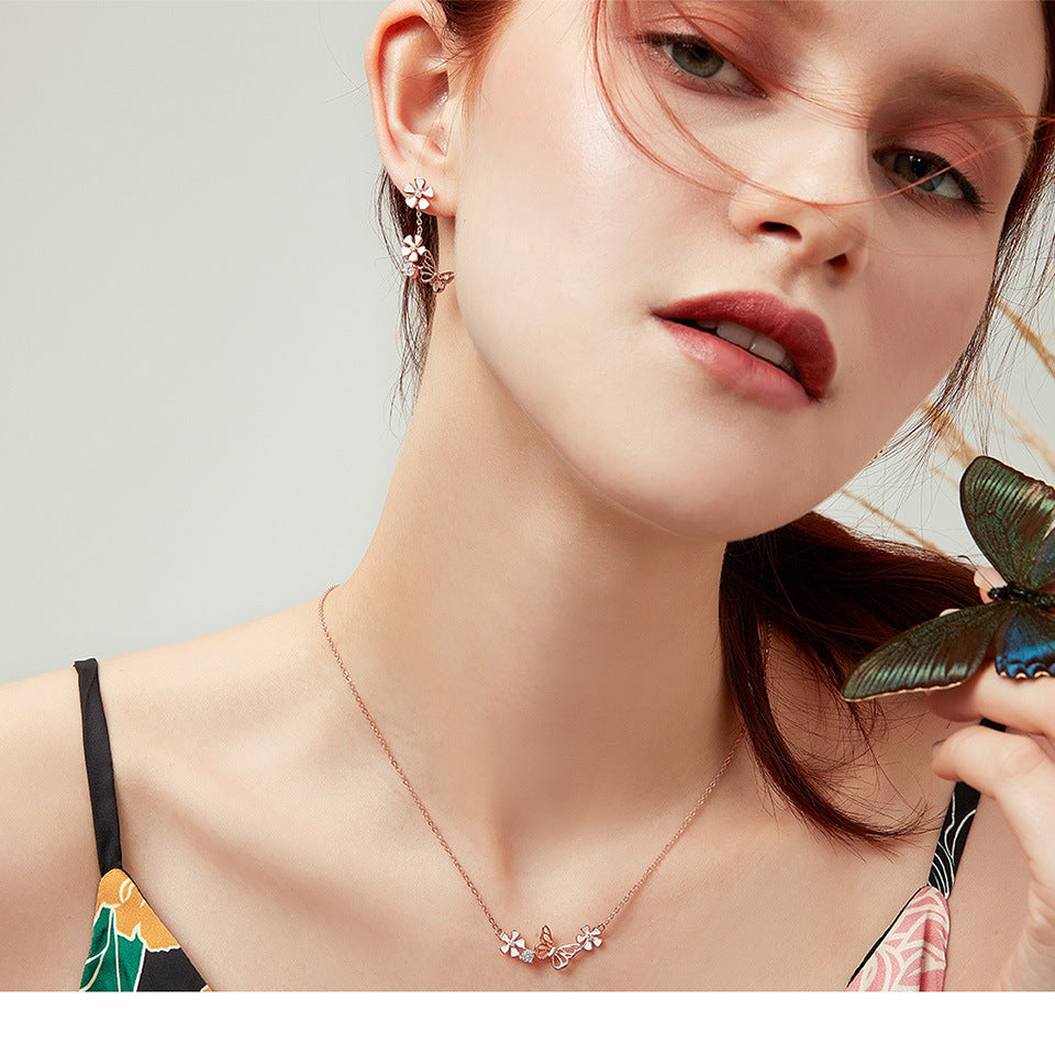 925 Sterling Silver Butterfly Flower Necklace-Dainty Floral Pendant Jewelry for Women