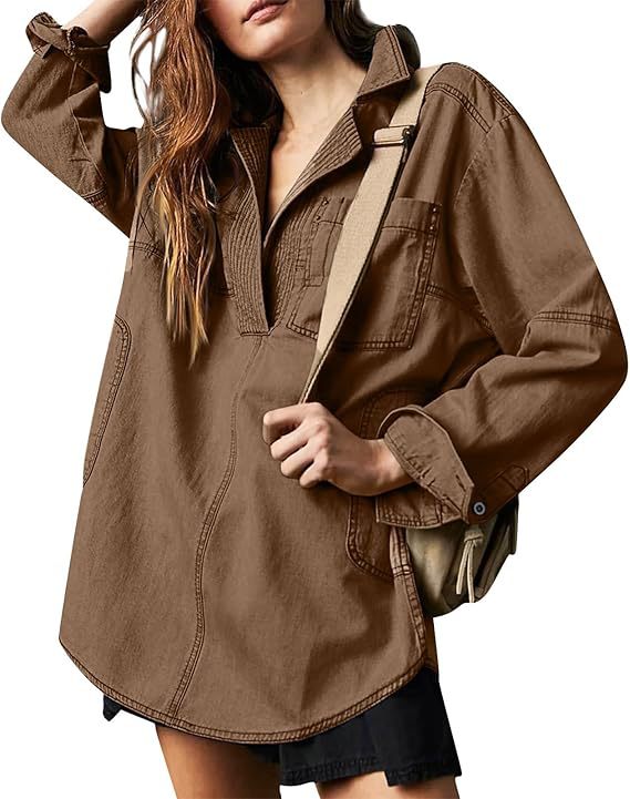 Sutton Oversized Denim Pullover Shacket- Loose Fit V-Neck Jean Shirt
