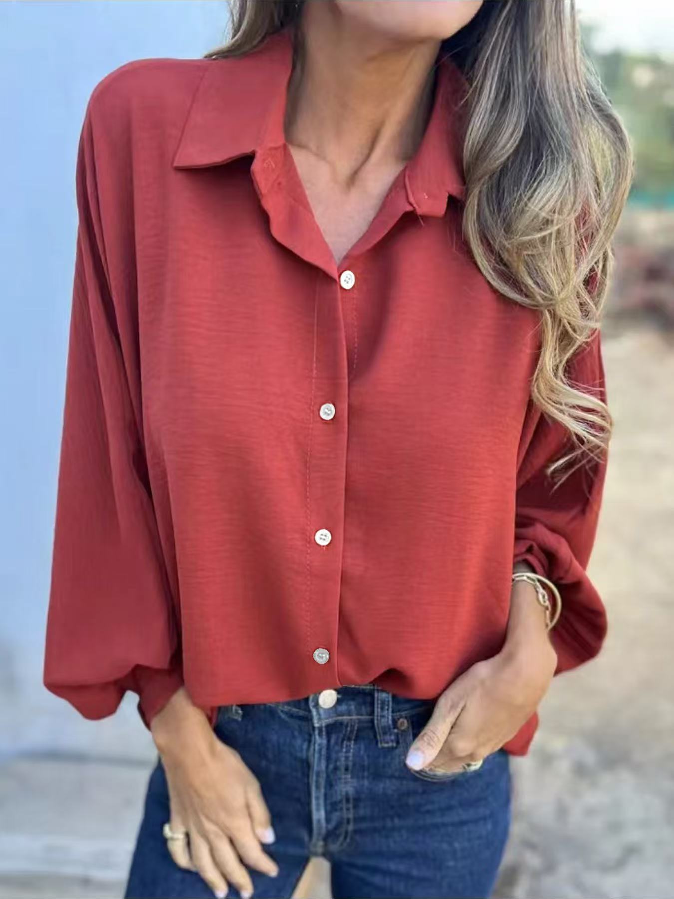Women's Lapel Button Front Long Sleeve Shirt