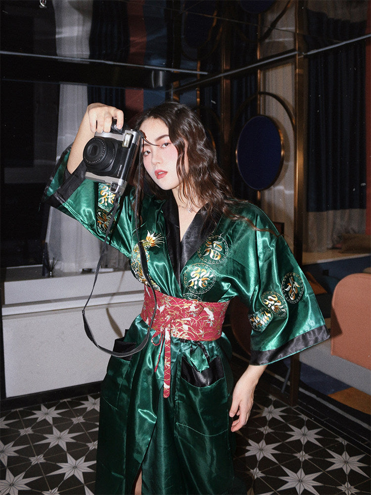 Silk-like Kimono Pajama Set for Women