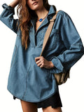 Sutton Oversized Denim Pullover Shacket- Loose Fit V-Neck Jean Shirt