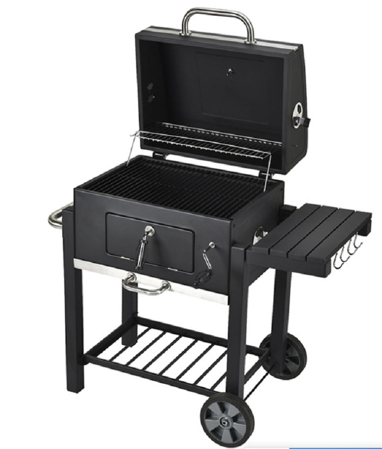 Heavy-Duty Charcoal Barbecue Grill With Lid | Large Outdoor Courtyard BBQ Smoker| Power-Coated Steel Garden Grill With Side Shelves