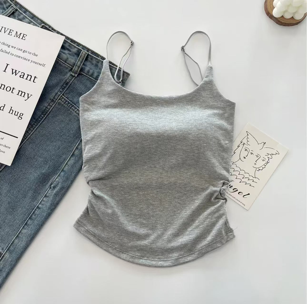 Cotton Lace-Up Back Camisole Top with Chest Pad