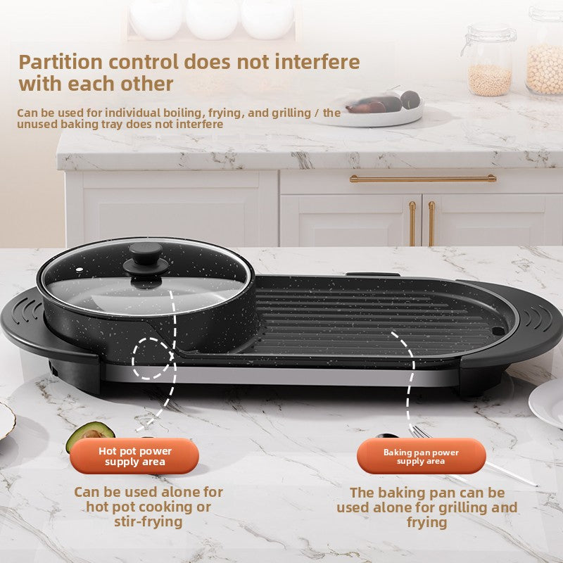 2-in-1 Electric Hot Pot And Grill Combo | 1350W Smokeless Indoor BBQ Shabu Shabu Pot | Dual Control Multi-Functional Cooker For 5-6 People