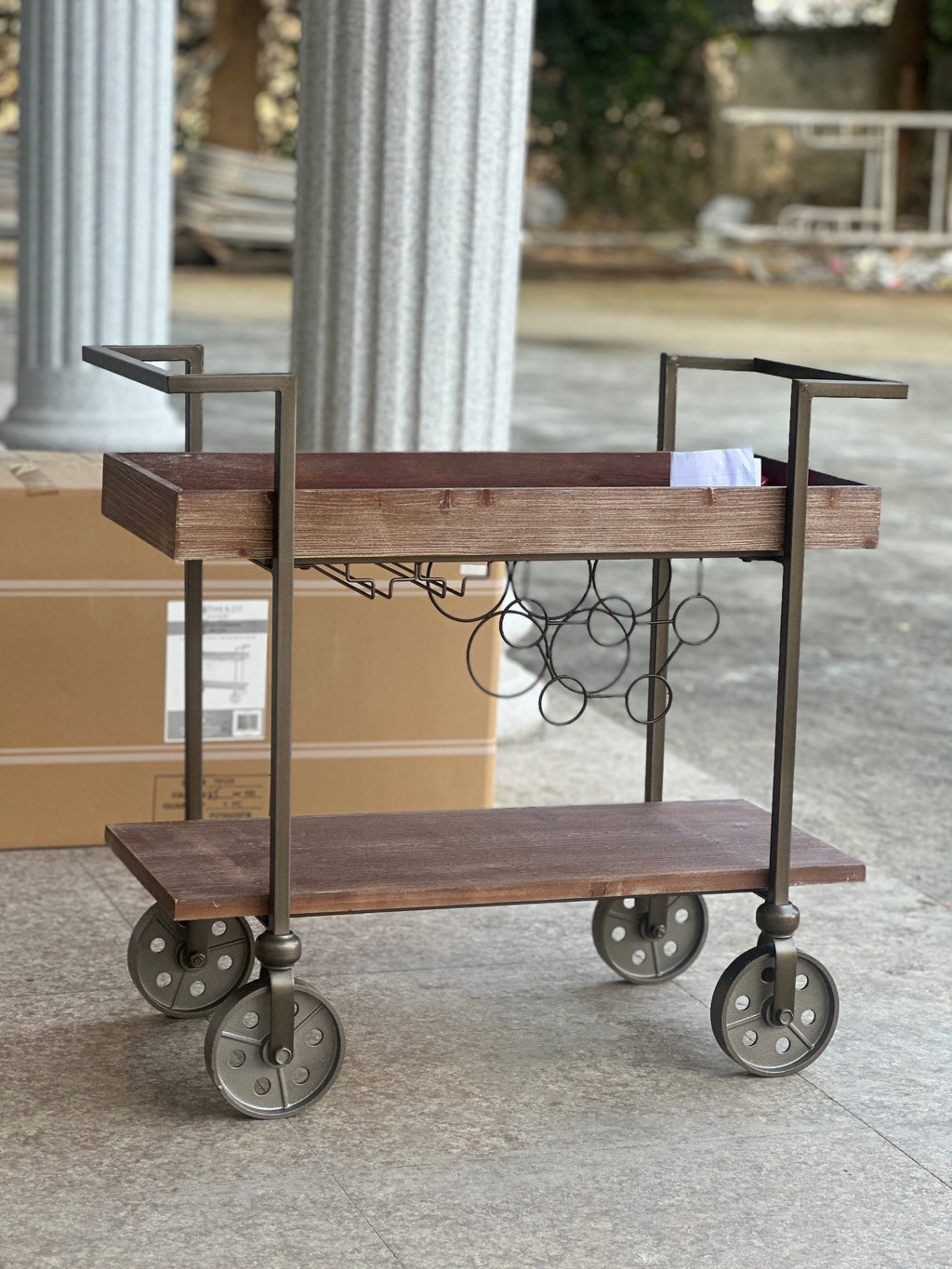 Retro Wood and Iron Storage Cart with Wheels