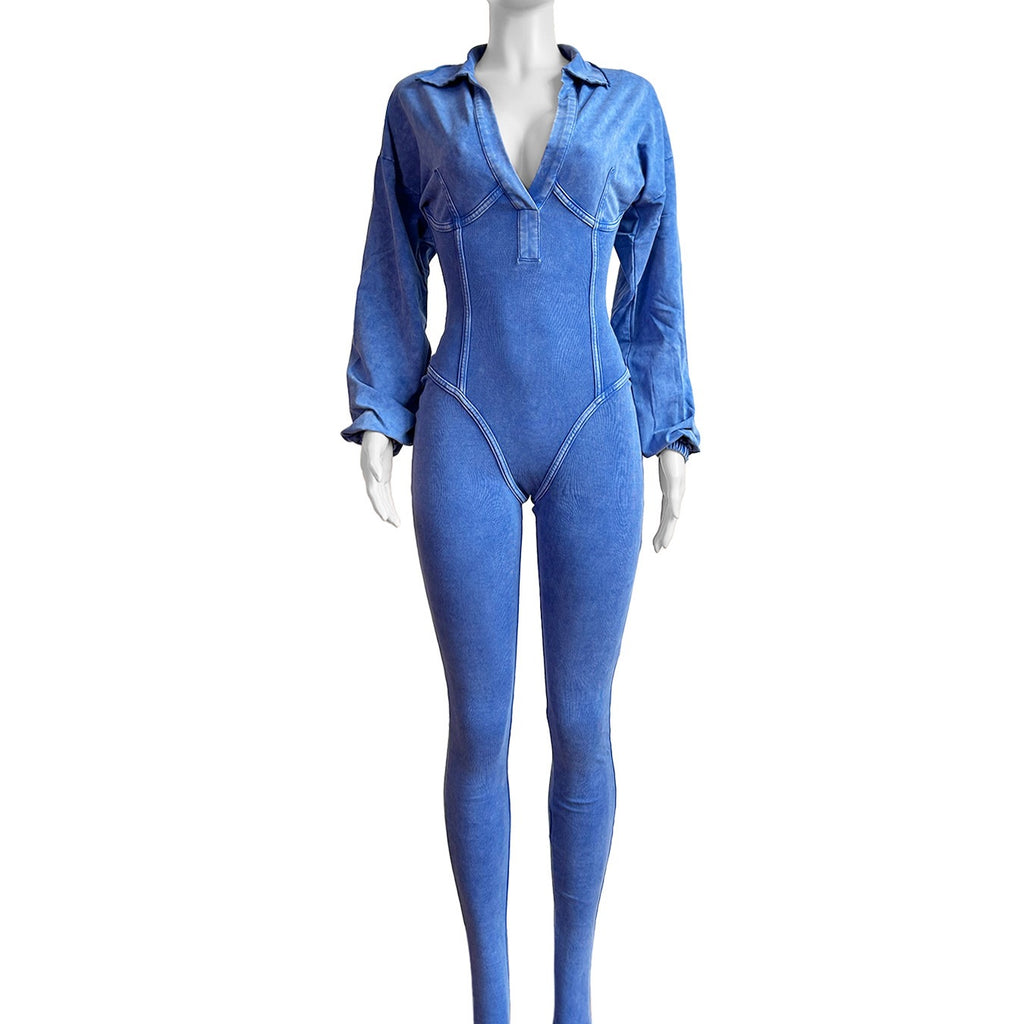 Women's Clothing Washed and Distressed Sexy Deep V Tight Long-Sleeved Autumn and Winter Jumpsuit