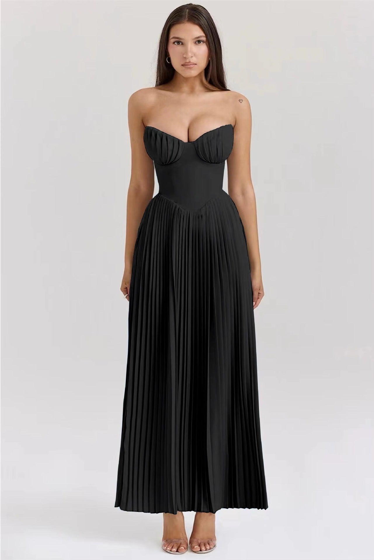 Aura Elegant Sleeveless Tube Top Maxi Dress - High Waist Pleated Summer Dress