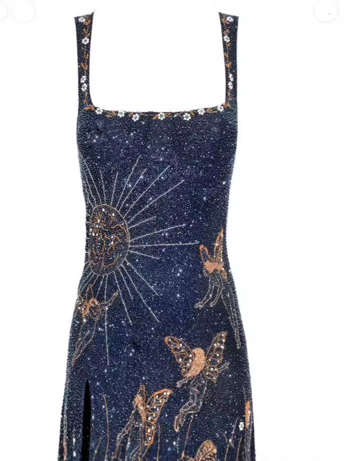 Celestial Aura 3D Embroidered Dress | High-Neck Sling Streetwear Mini