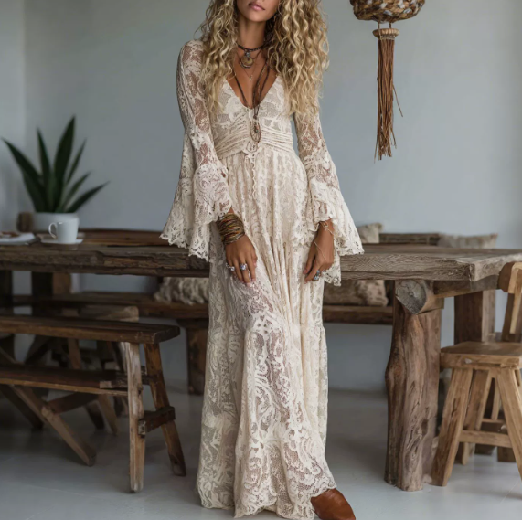 Womens Lace Splicing V-Neck Dress