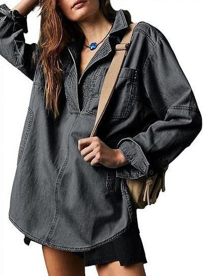 Sutton Oversized Denim Pullover Shacket- Loose Fit V-Neck Jean Shirt