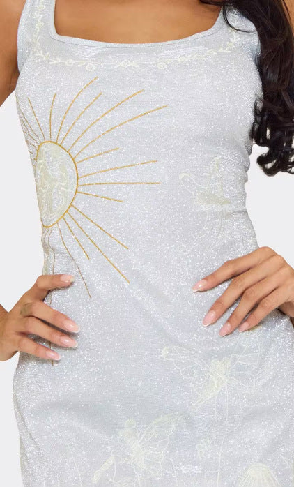 Celestial Aura 3D Embroidered Dress | High-Neck Sling Streetwear Mini