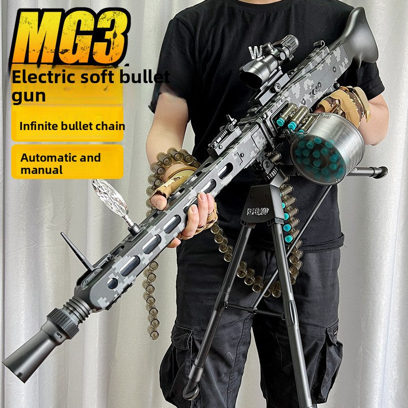 Realistic MG3 Soft Bullet Machine Gun – Chain-Fed, Shell-Ejecting Electric Burst Toy with Tripod