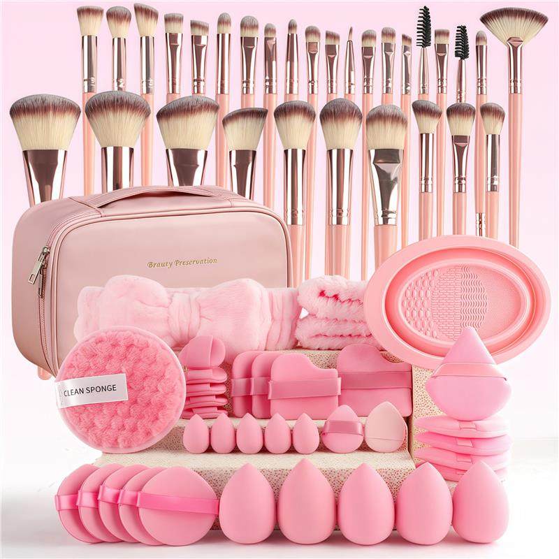 67-Piece Professional Makeup Brush & Powder Puff Set - Complete Luxury Cosmetics Tool Kit with Travel Case & Brush Roll for Contouring, Blending & Foundation