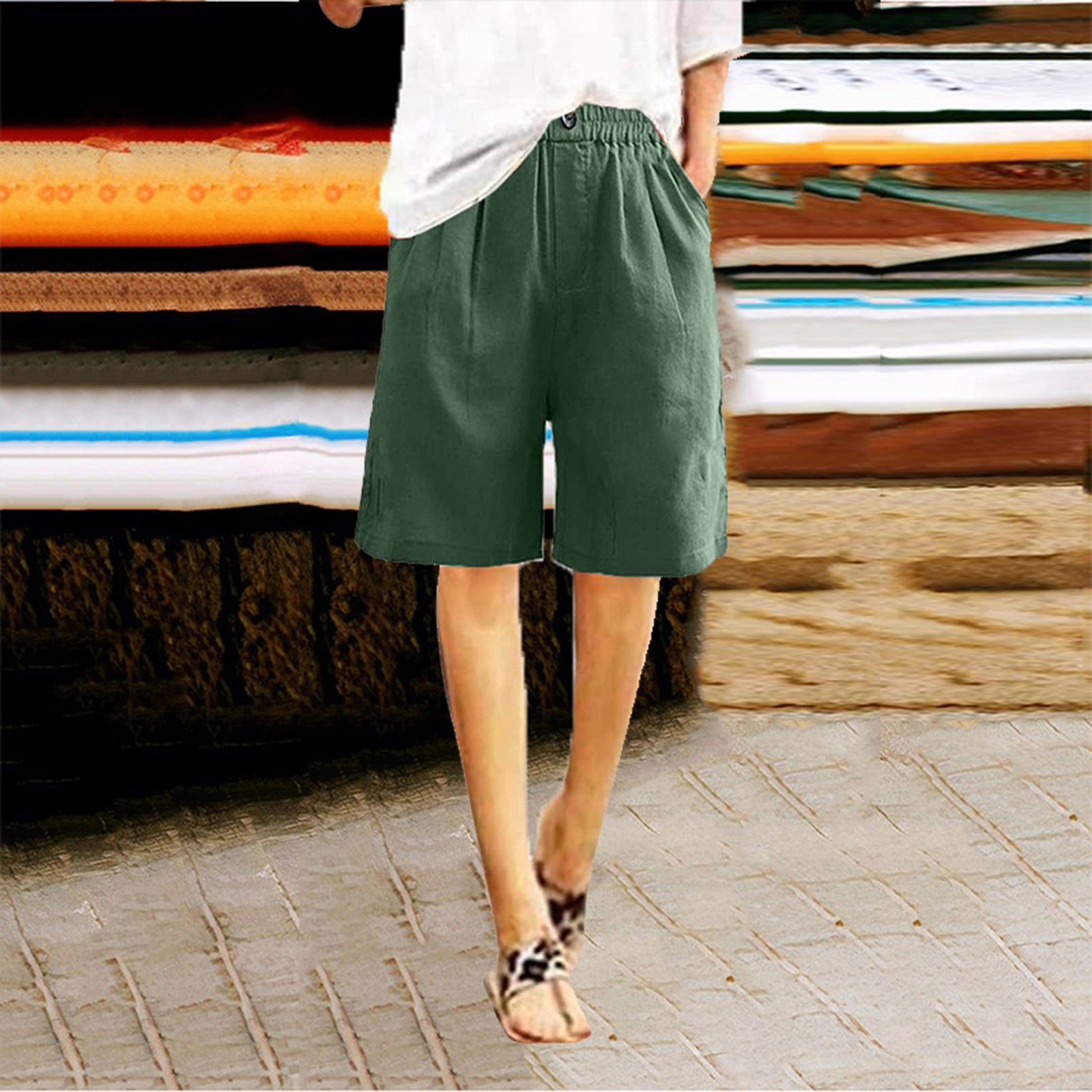 Womens Cotton Linen High Waist Shorts