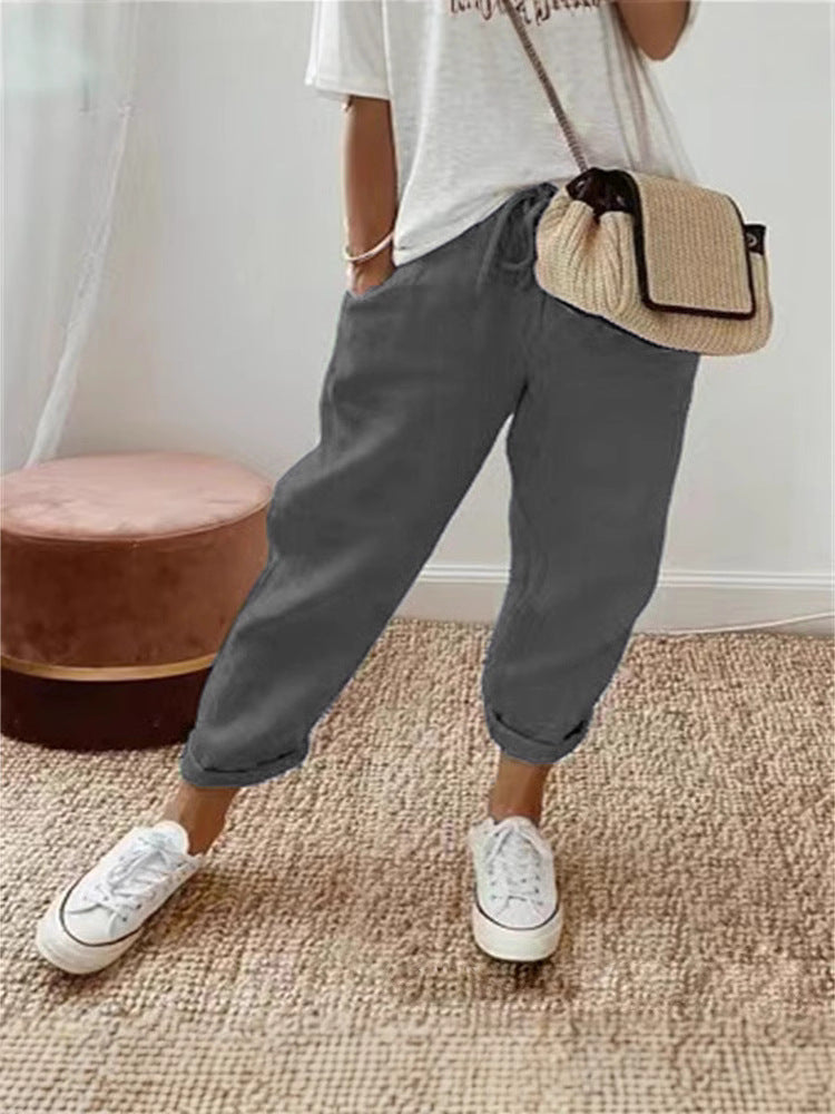 Womens Linen Blend Elastic Waist Casual Pants